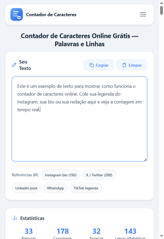 Tela do contador de caracteres no celular com texto de exemplo: 33 palavras, 178 caracteres